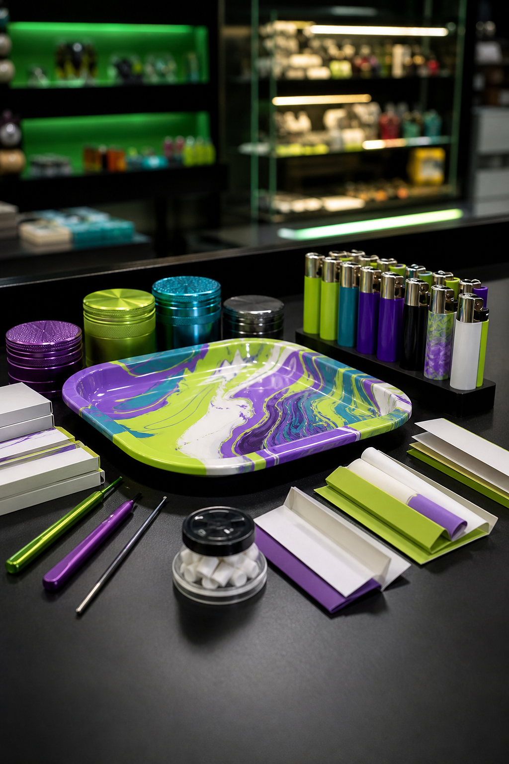 Charola y accesorios de smoke shop Jeazy organizados