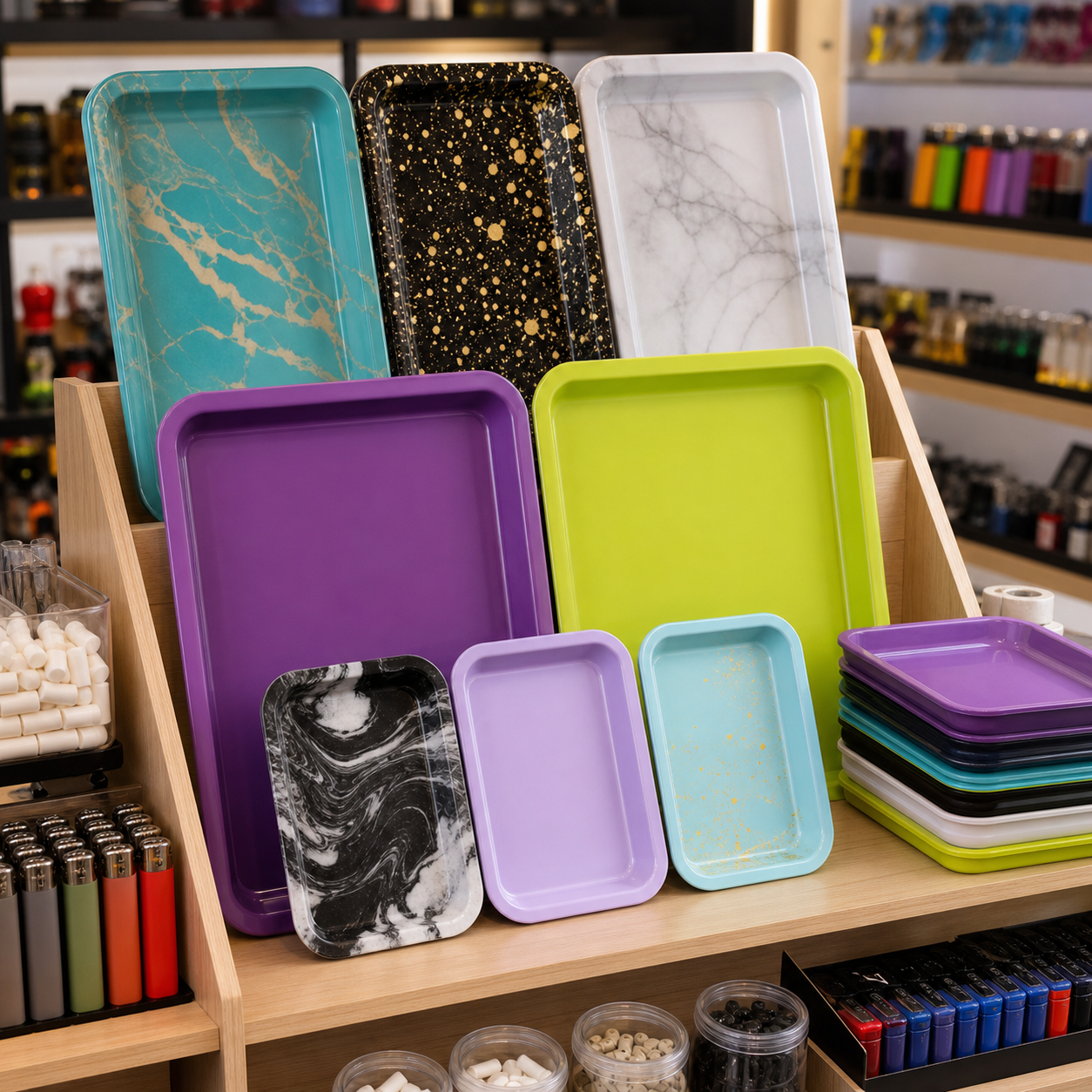 Charolas de colores en exhibidor Jeazy
