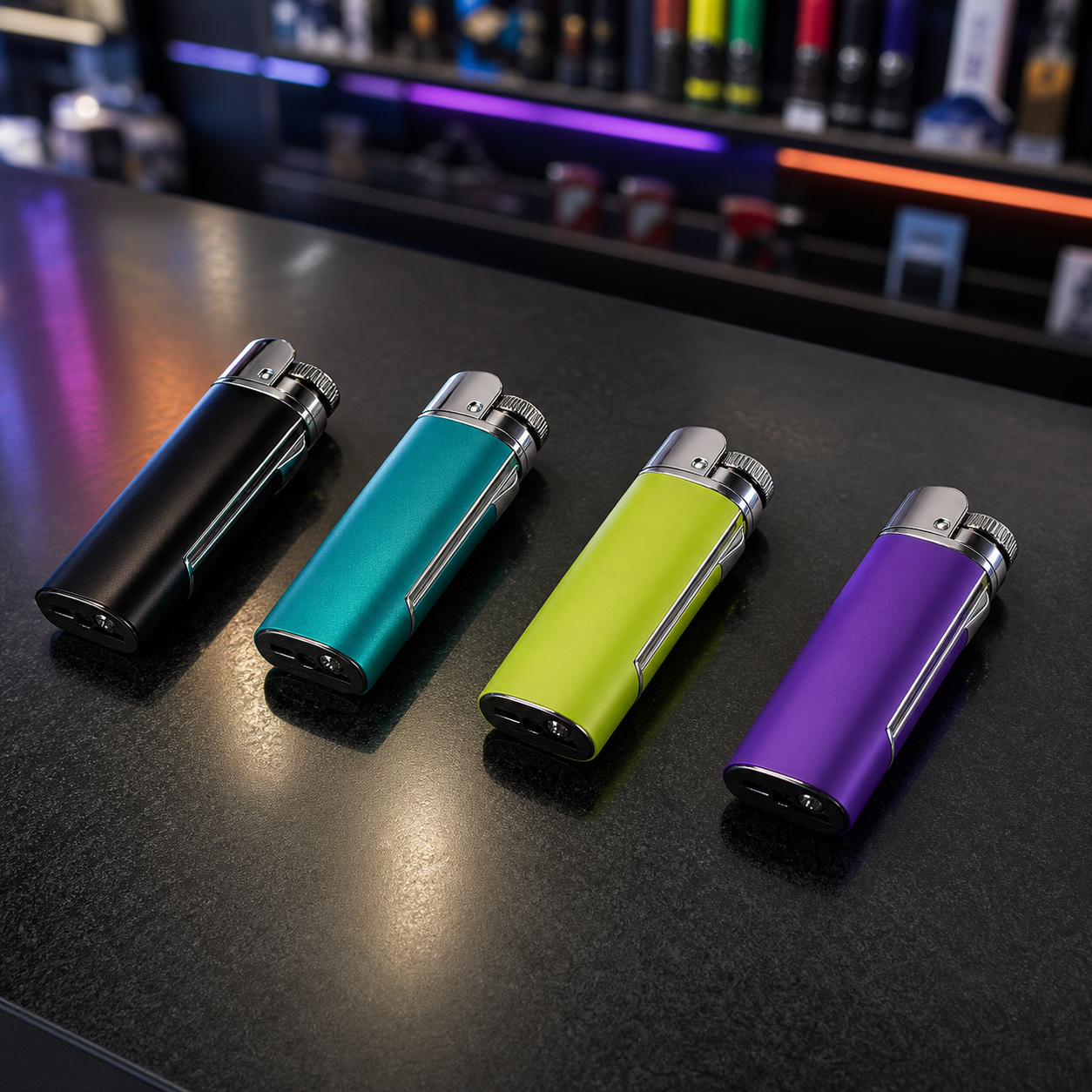 Encendedores premium de colores sobre mostrador Jeazy