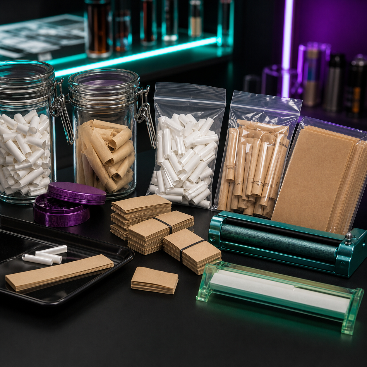 Filtros y tips organizados sobre mostrador Jeazy