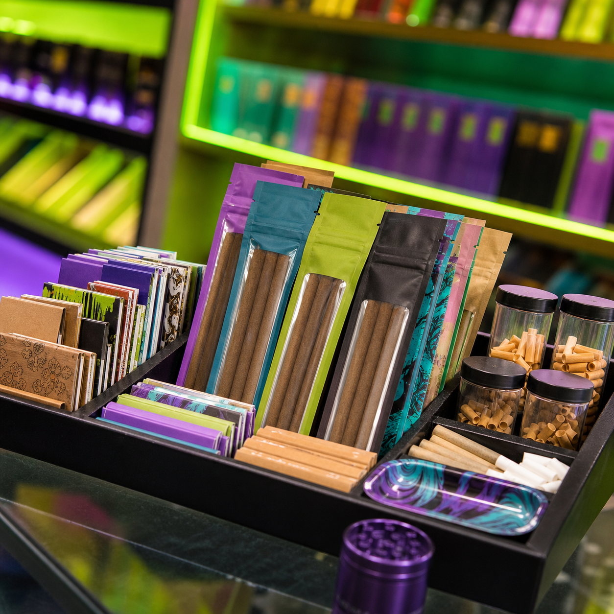 Papeles, blunts y filtros en exhibidor Jeazy