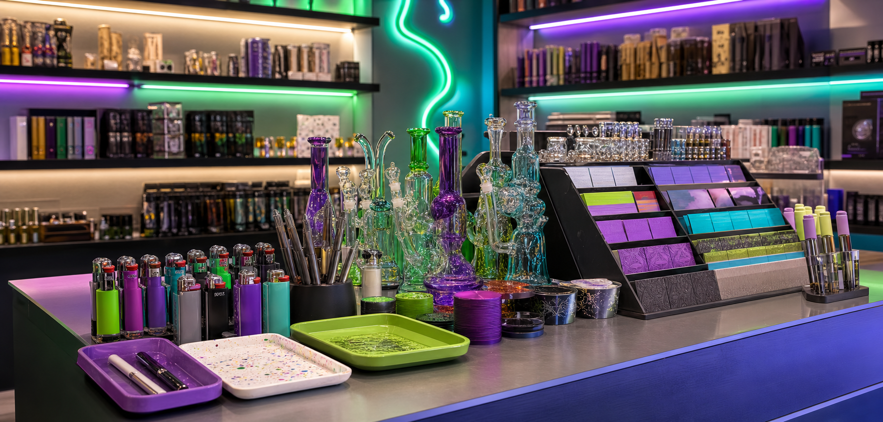 Mostrador surtido con accesorios de smoke shop Jeazy